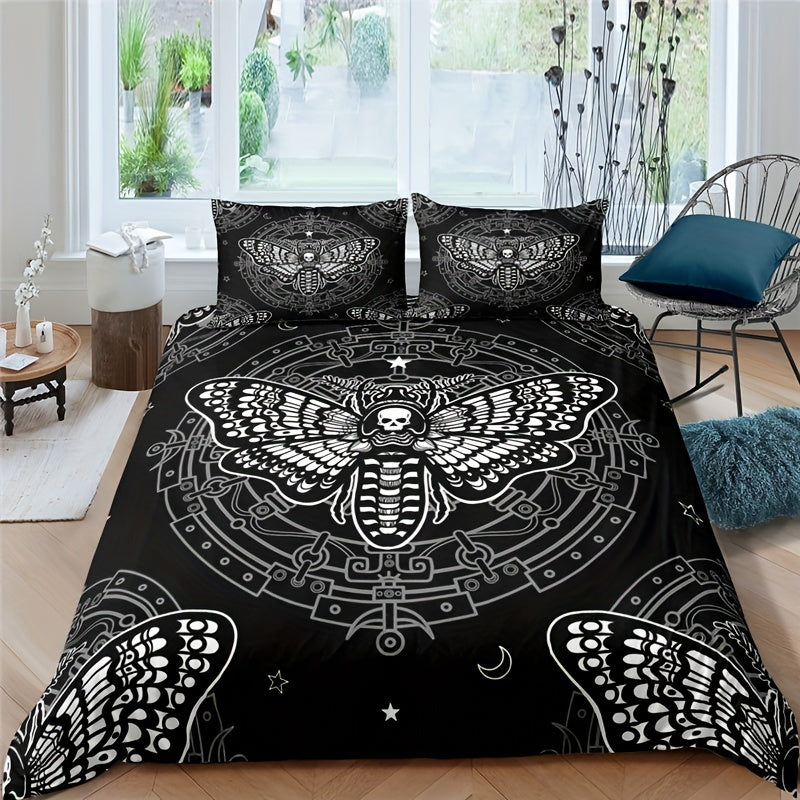 2/3pcs Duvet Cover Set, Goth Death Moth Print Bedding Set, Soft Comfortable Duvet Cover, Bohemian Moth Goth Bedroom Decor (1*Duvet Cover + 1/2* Pillowcases, Without Core)