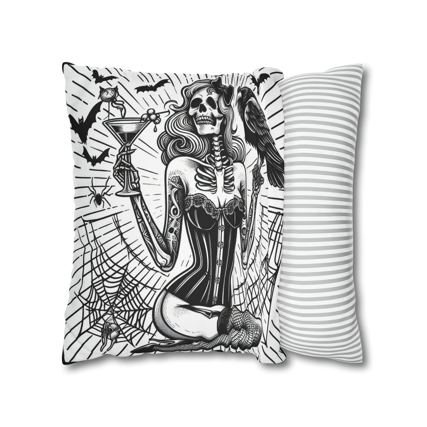 Pinup Skeleton with raven Goth throw pillow cover