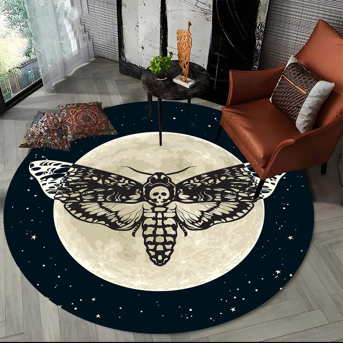 Death Moth Round Area Rug, Gothic Skull Floor carpet