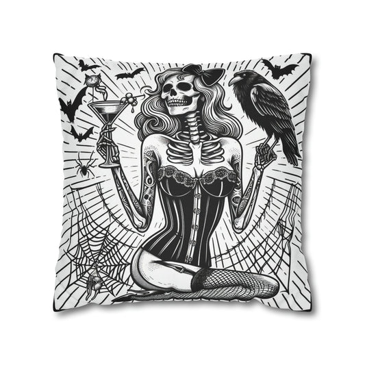 Pinup Skeleton with raven Goth throw pillow cover