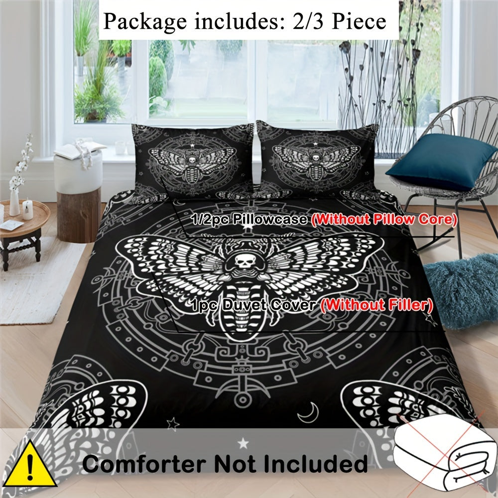 2/3pcs Duvet Cover Set, Goth Death Moth Print Bedding Set, Soft Comfortable Duvet Cover, Bohemian Moth Goth Bedroom Decor (1*Duvet Cover + 1/2* Pillowcases, Without Core)