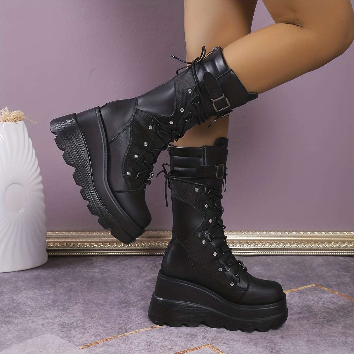 Women's Metal Beads Decor Wedge Heeled Boots, Fashion Lace Up Punk Style Boots, Stylish Back Zipper Boots