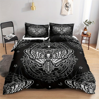 2/3pcs Duvet Cover Set, Goth Death Moth Print Bedding Set, Soft Comfortable Duvet Cover, Bohemian Moth Goth Bedroom Decor (1*Duvet Cover + 1/2* Pillowcases, Without Core)