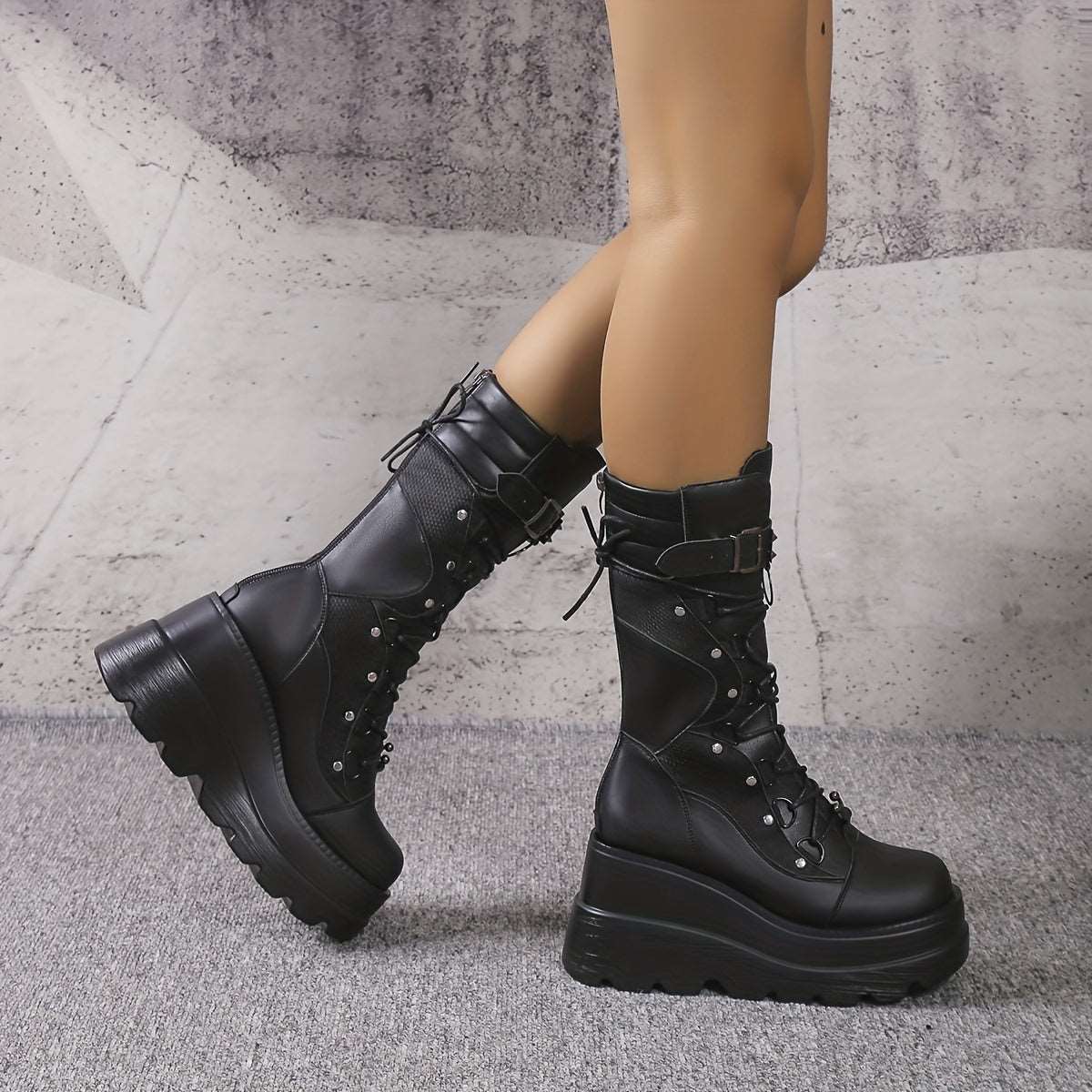 Women's Metal Beads Decor Wedge Heeled Boots, Fashion Lace Up Punk Style Boots, Stylish Back Zipper Boots