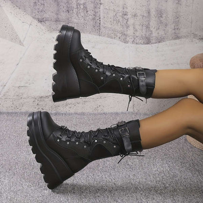 Women's Metal Beads Decor Wedge Heeled Boots, Fashion Lace Up Punk Style Boots, Stylish Back Zipper Boots