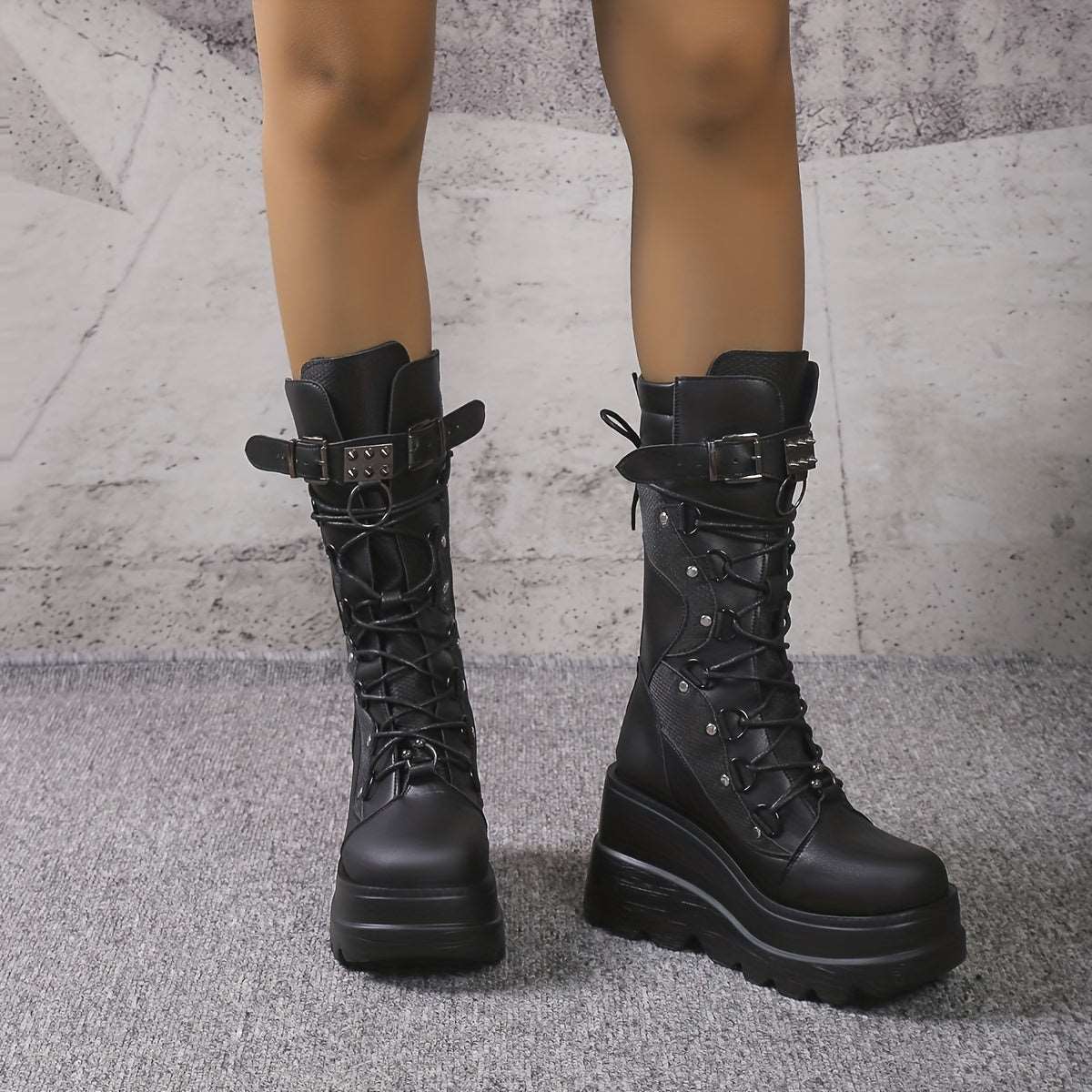 Women's Metal Beads Decor Wedge Heeled Boots, Fashion Lace Up Punk Style Boots, Stylish Back Zipper Boots