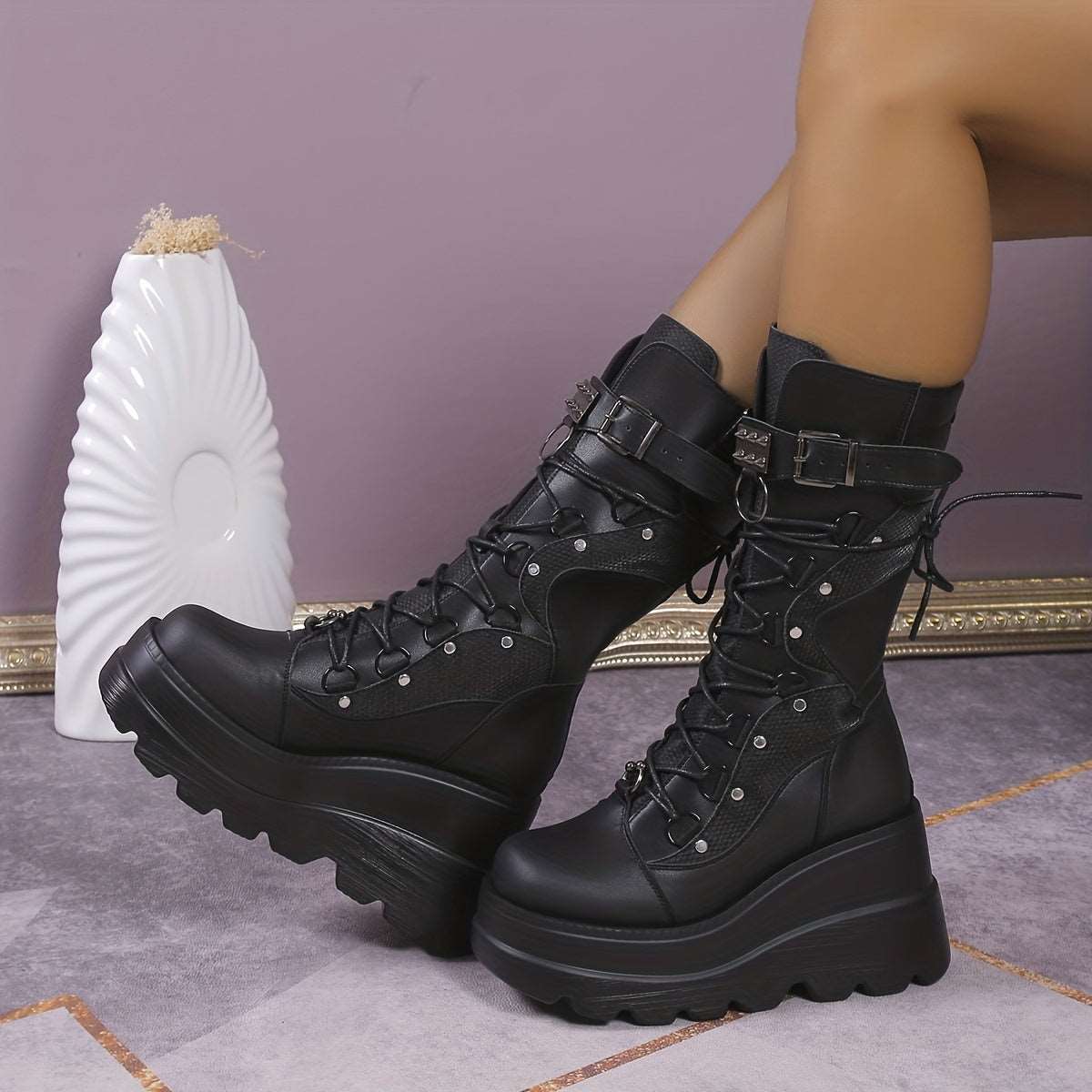 Women's Metal Beads Decor Wedge Heeled Boots, Fashion Lace Up Punk Style Boots, Stylish Back Zipper Boots