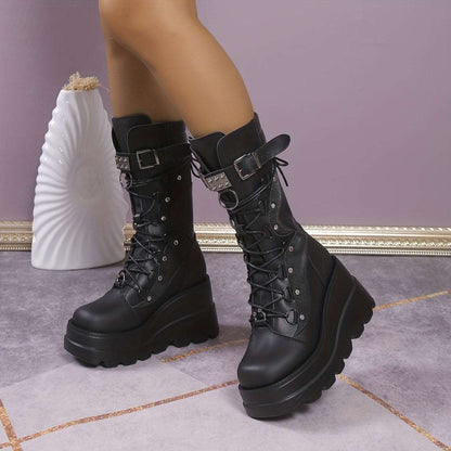 Women's Metal Beads Decor Wedge Heeled Boots, Fashion Lace Up Punk Style Boots, Stylish Back Zipper Boots