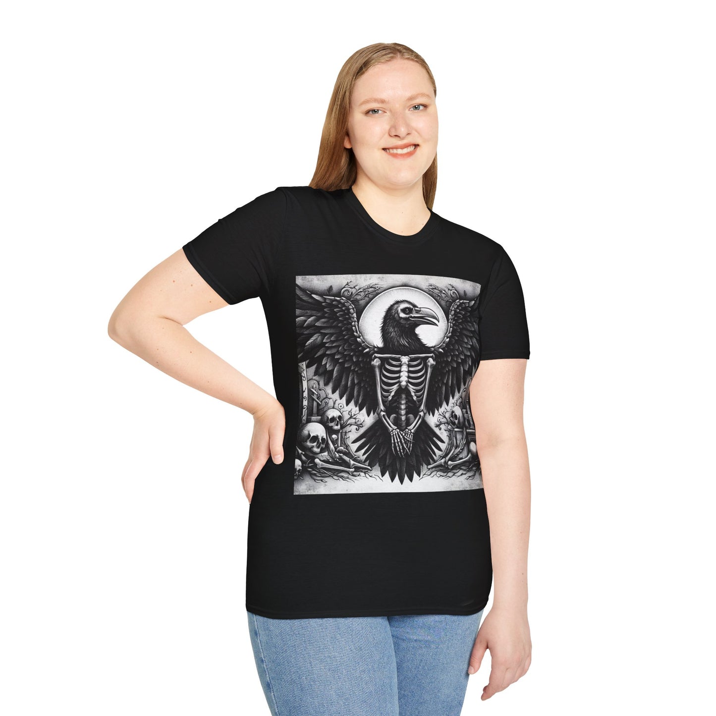 Raven Bones Gothic Skull Unisex Softstyle T-Shirt