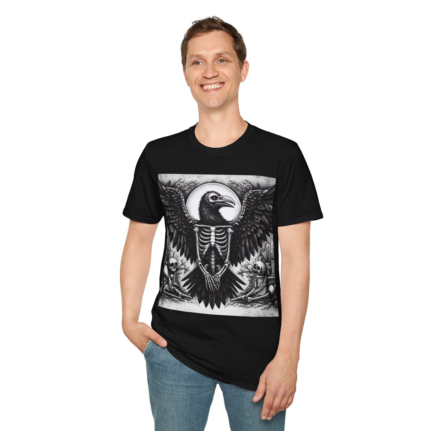 Raven Bones Gothic Skull Unisex Softstyle T-Shirt