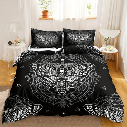 2/3pcs Duvet Cover Set, Goth Death Moth Print Bedding Set, Soft Comfortable Duvet Cover, Bohemian Moth Goth Bedroom Decor (1*Duvet Cover + 1/2* Pillowcases, Without Core)