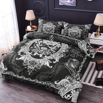 2/3pcs Skull Printed Duvet Cover Set (1 Duvet Cover + 1/2 Pillowcase, Without Core), Black Bedding Sets For Bedroom & Guest Room