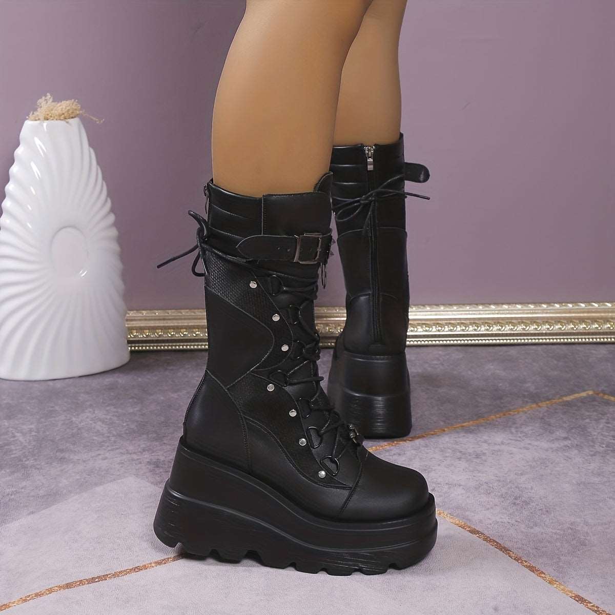 Women's Metal Beads Decor Wedge Heeled Boots, Fashion Lace Up Punk Style Boots, Stylish Back Zipper Boots