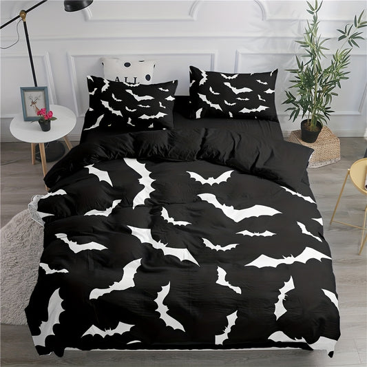 2/3pcs Black and White Flying Bat Duvet Cover Set - Soft and Cozy Bedding for Bedroom and Dorm Room (Includes 1 Duvet Cover and 1/2 Pillowcase)